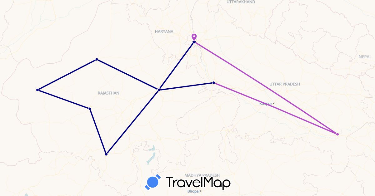 TravelMap itinerary: driving, train in India (Asia)